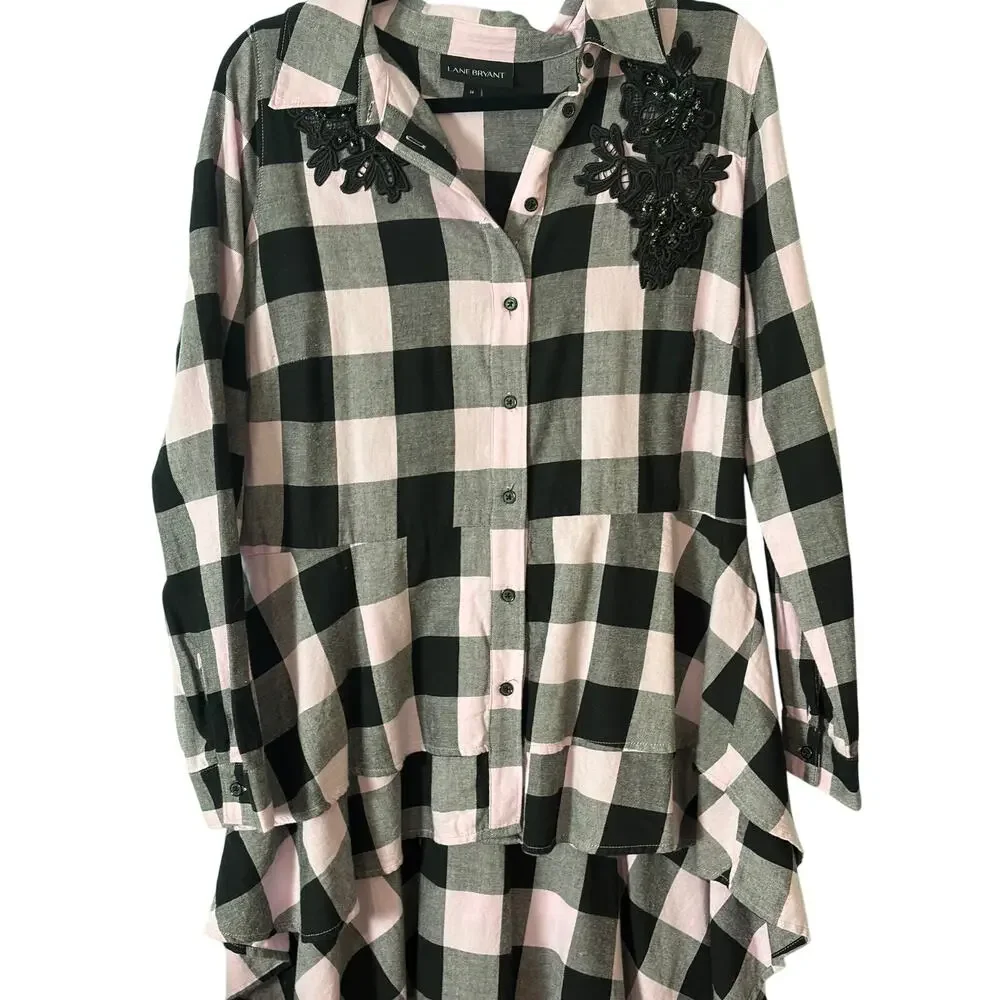 Lane Bryant Embellished Buffalo Plaid Tunic Shirt 14 Sharkbite Hem Cottagecore